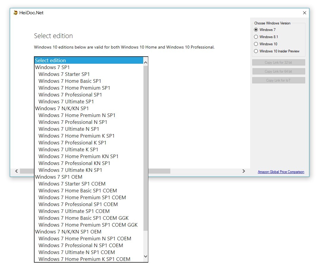 Windows ISO Downloader - wybór edycji systemu