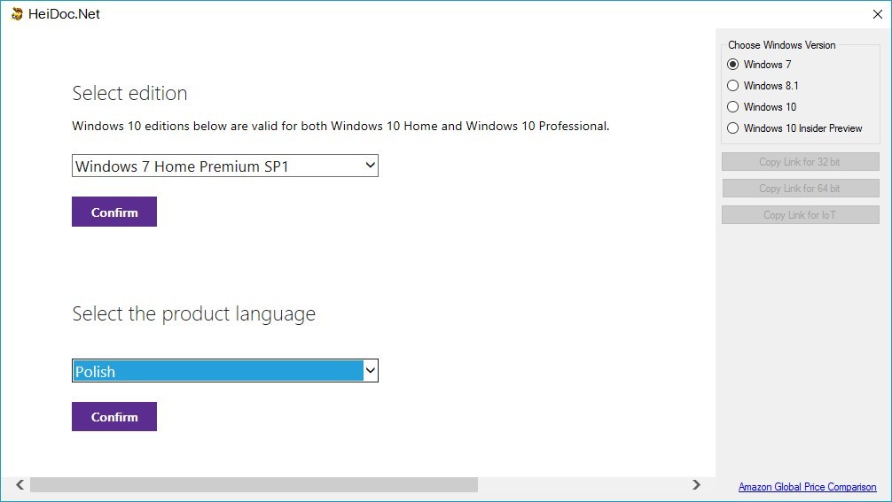Windows ISO Downloader - wybór języka