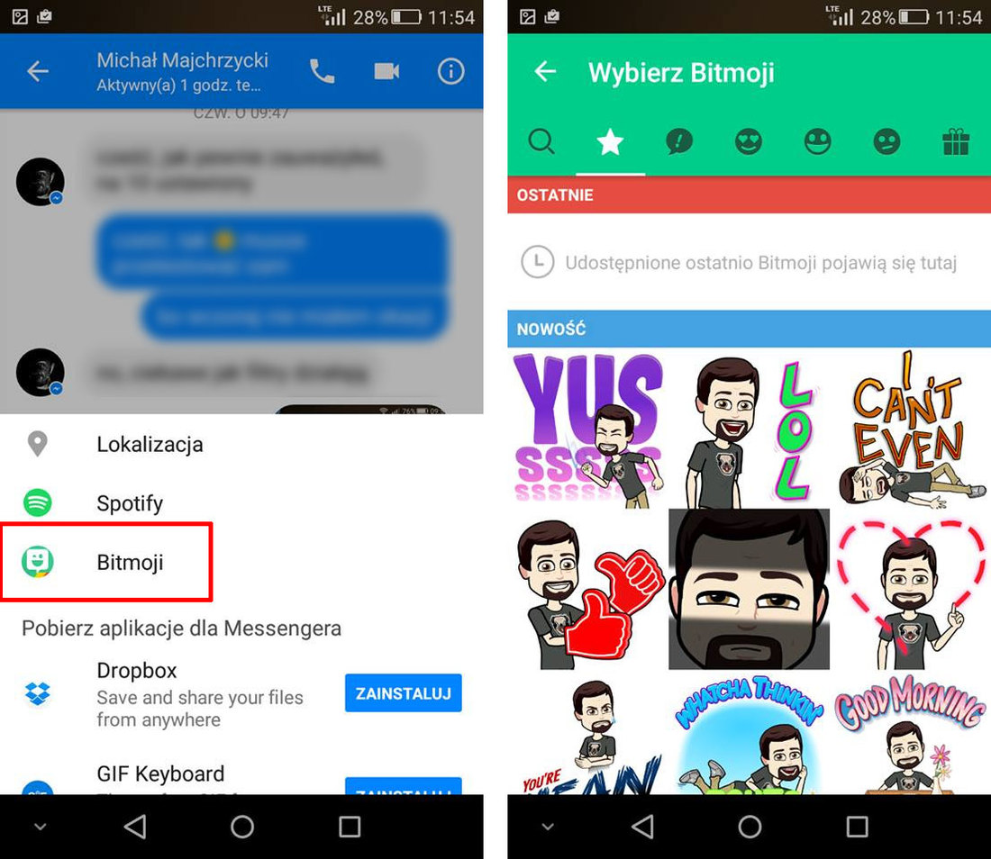 Dodawanie Bitmoji w Messengerze