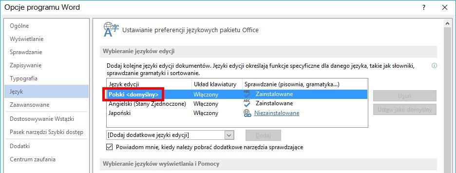 Domyślny język edycji w programie Word
