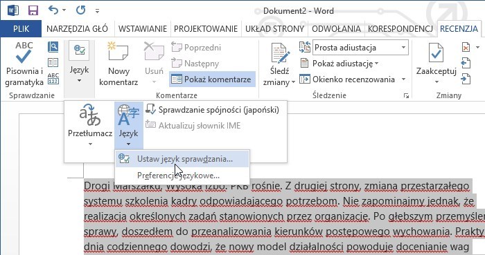 Opcje językowe dla tekstu