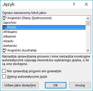 Wybierz język dla zaznaczonego tekstu w Word