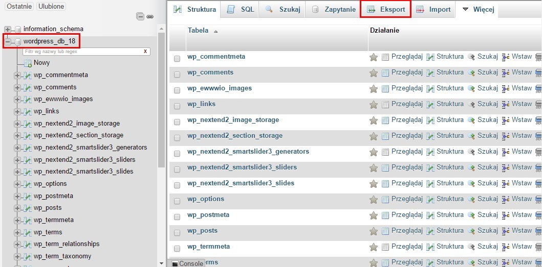 phpMyAdmin - widok bazy danych