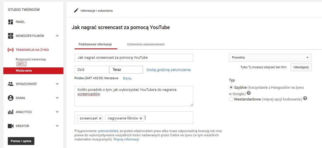 Ustawienia wydarzenia na żywo w YouTube