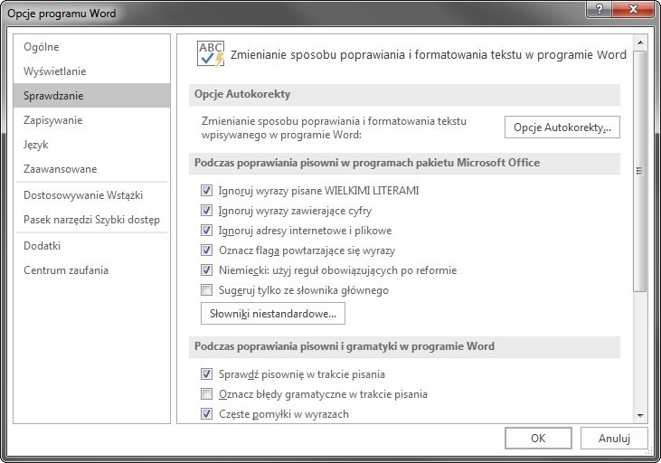Opcje sprawdzania pisowni w Word