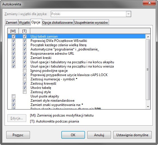Opcje autokorekty w LibreOffice