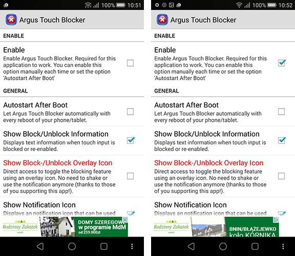 Opcje aplikacji Touch Blocker