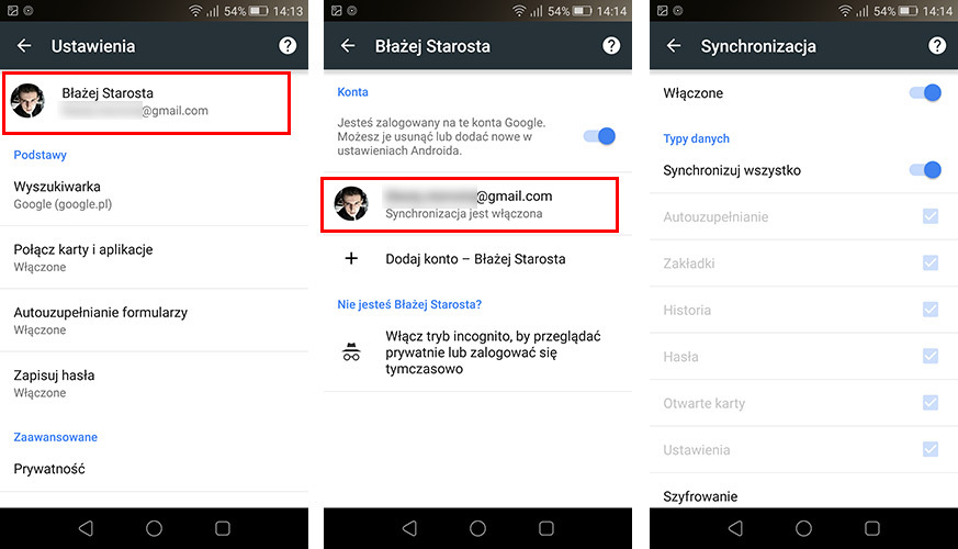 Chrome - ustawienia synchronizacji w Androidzie