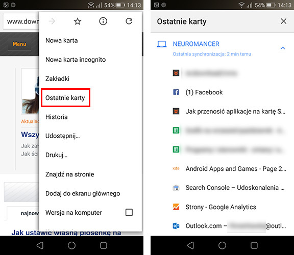 Chrome - przeglądanie otwartych kart z PC na Androidzie
