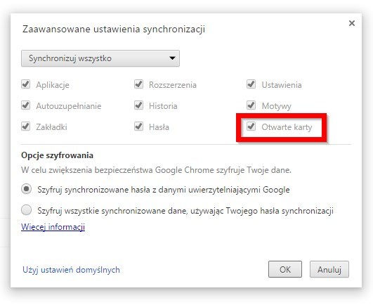 Chrome - ustawienia synchronizacji na PC