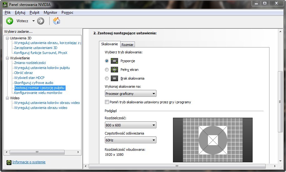 Panel sterowania NVIDIA - skalowanie