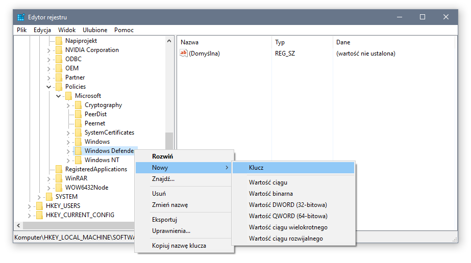 Tworzenie nowego klucza w Edytorze rejestru