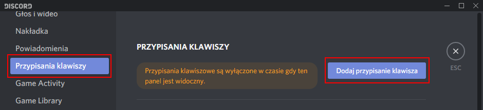 Przejdź do przypisywania klawiszy w Discordzie