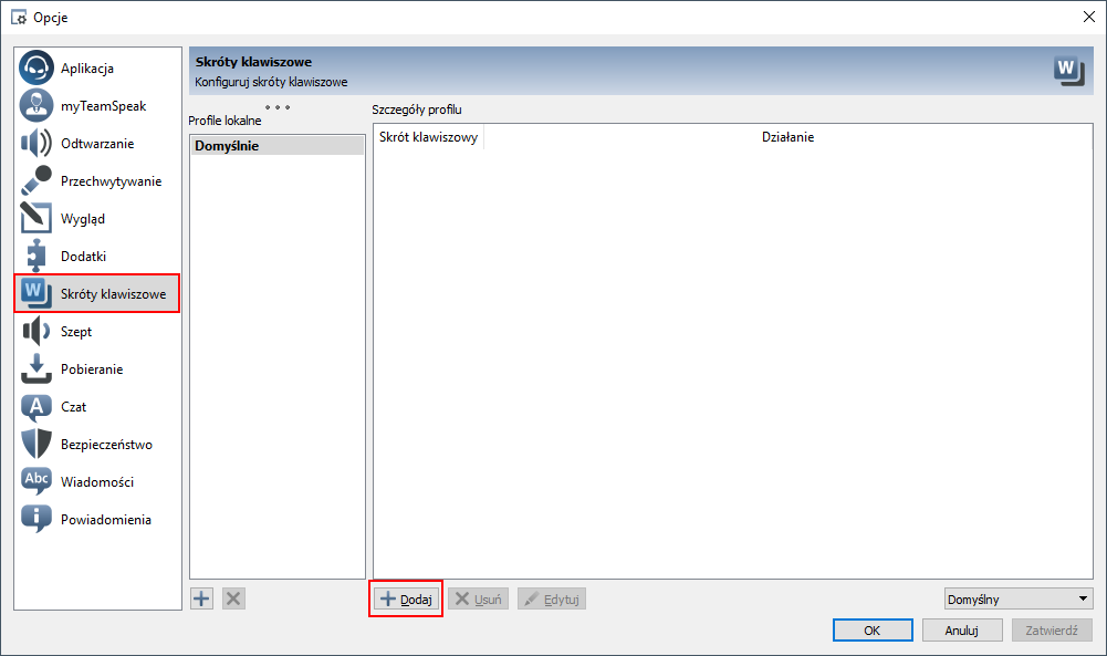 Kliknij w przycisk dodawania skrótu klawiszowego w TeamSpeaku
