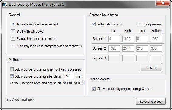 Okno programu Dual Display Mouse Manager