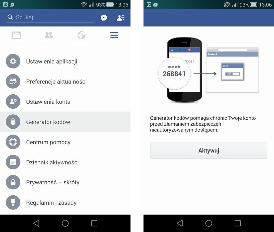 Aktywacja generatora kodów w Facebooku