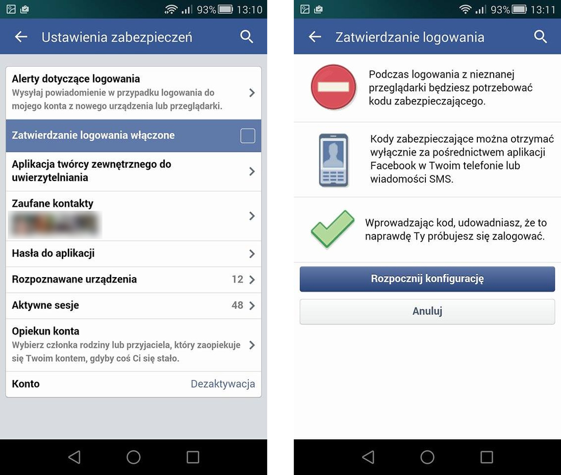 Ustawienia zabezpieczeń konta Facebook