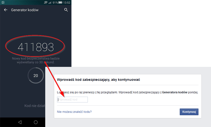 Facebook - przepisywanie kodu z generatora