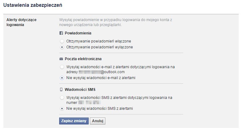 Ustawienia alertów Facebook