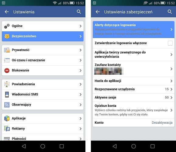 Ustawienia zabezpieczeń w Facebooku na Androidzie