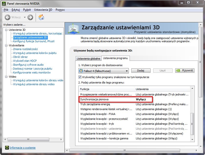 Wyłączanie synchronizacji pionowej w panelu sterowania NVIDIA