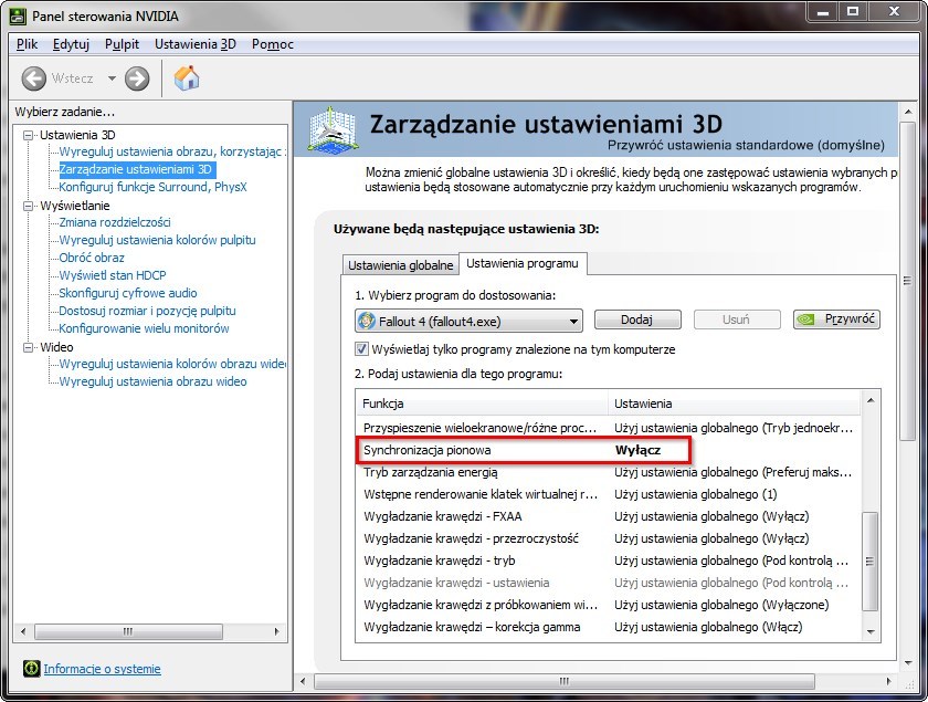 Wyłączanie synchronizacji pionowej w panelu sterowania NVIDIA