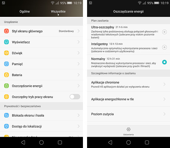 Huawei - ustawienia planu baterii