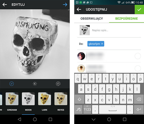 Instagram - edycja zdjęcia i wysyłanie bezpośrednie
