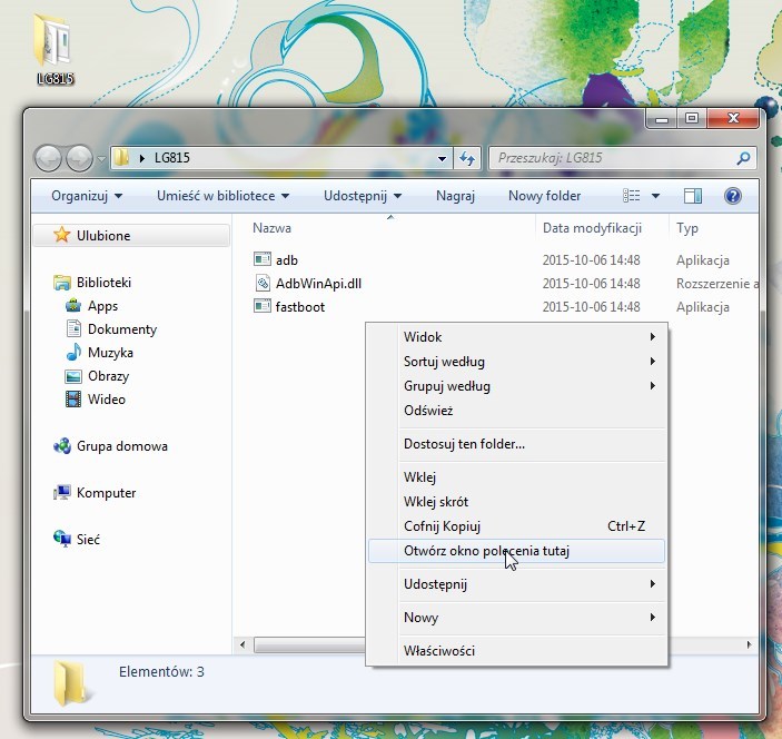 Otwieranie okna polecenia w katalogu LG815