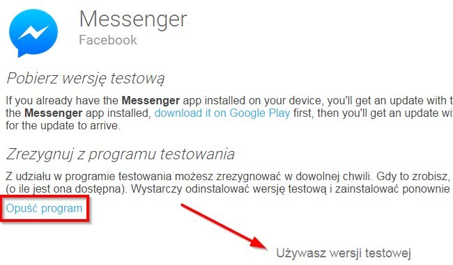 Wypisanie się z testów Messengera