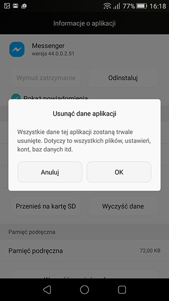 Usuwanie danych aplikacji Messenger