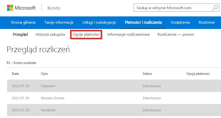 Ustawienia konta Microsoft