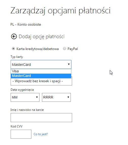 Zarządzaj opcjami płatności - konto Microsoft