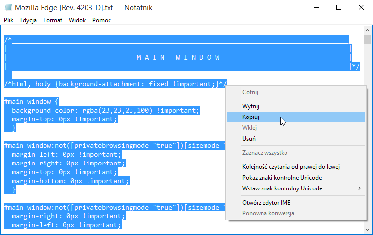 Kopiowanie kodu CSS zmieniającego wygląd