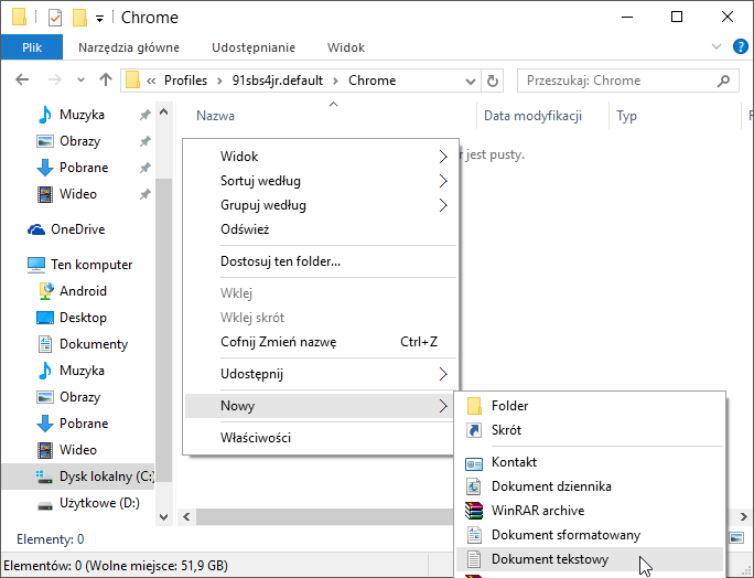 Tworzenie nowego pliku w podfolderze Chrome