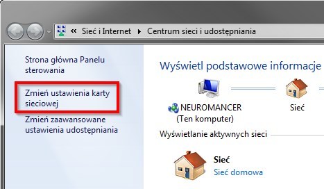 Zmiana ustawień karty sieciowej