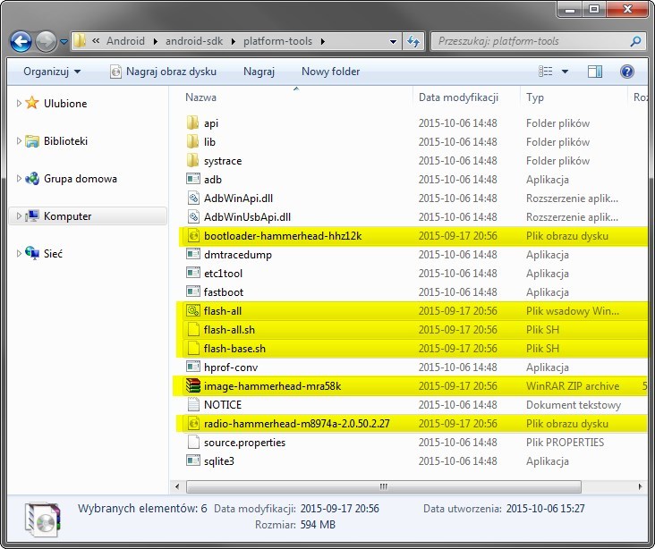 Wklejone pliki Androida 6.0 do katalogu Platform-Tools
