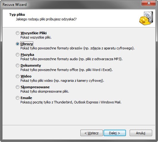 Wybór typu plików do odzyskania w Recuva
