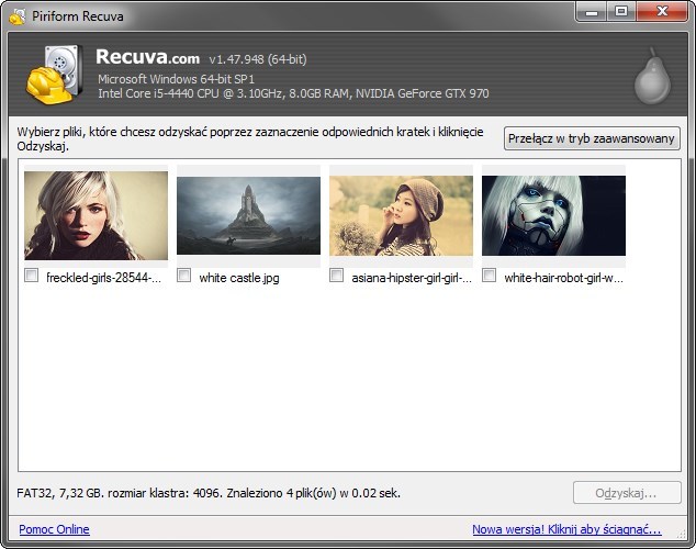 Recuva - znalezione zdjęcia do odzyskania