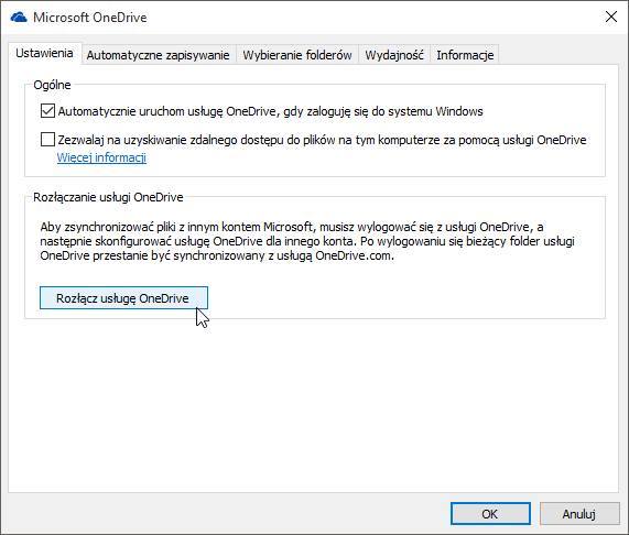 OneDrive - rozłączanie usługi