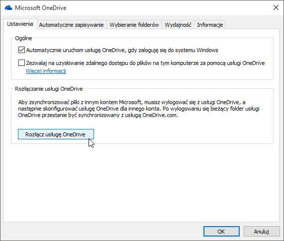 OneDrive - rozłączanie usługi