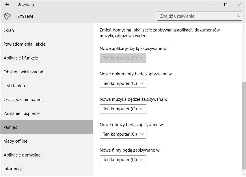 Ustawienia pamięci w Windows 10