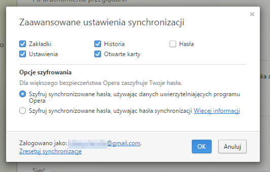 Opera 32 - ustawienia synchronizacji