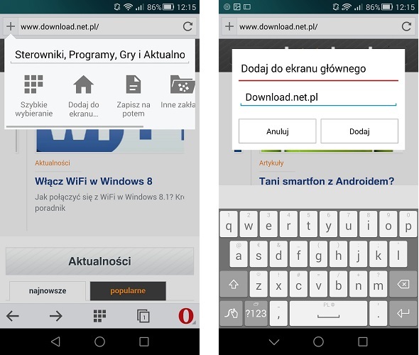 Opera 32 - przypinanie skrótu do ekranu głównego