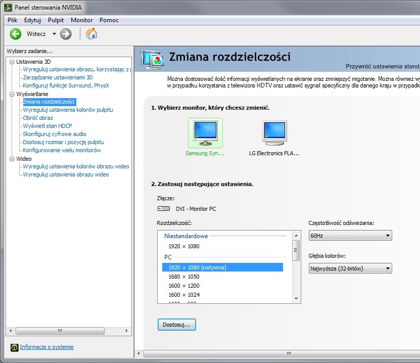 Panel sterowania NVIDIA - ustawienia rozdzielczości