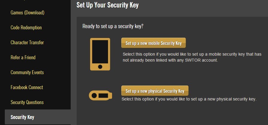 Dodawanie Security Key do konta SW:TOR