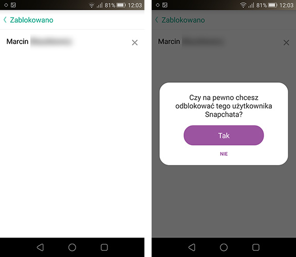 Odblokowywanie osoby w Snapchat