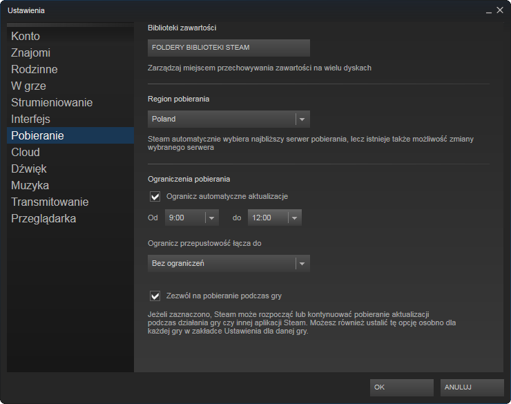 Steam - ustawienia aktualizacji