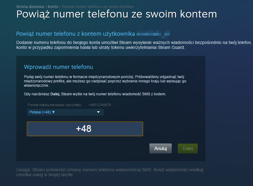 Steam - powiąż numer telefonu