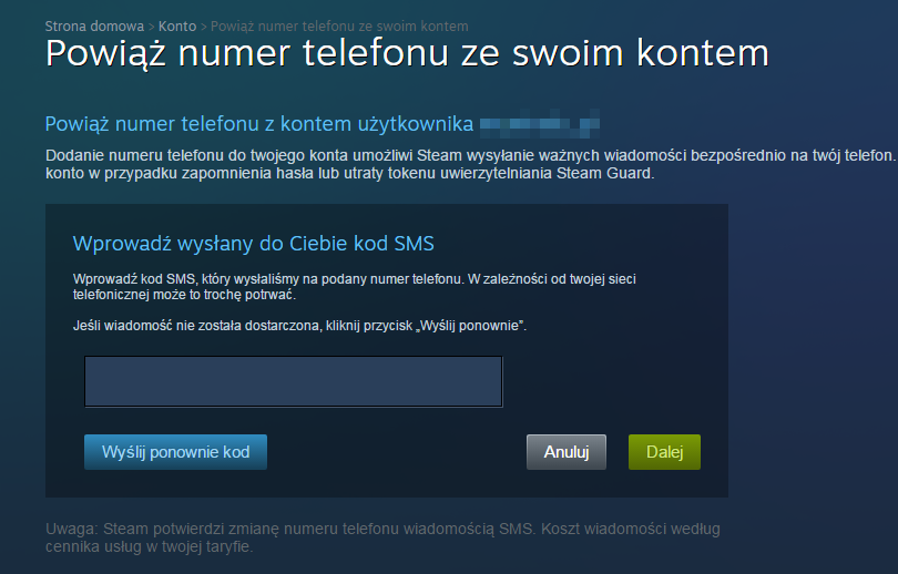 Steam - potwierdź numer telefonu